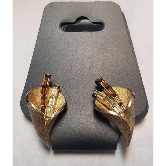 Vintage 1950's Cora Calla Lily Brown Yellow Baguette Rhinestone Clip-On Earrings - Picture 4 of 14